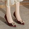 New Pointed High Heels Large Size Plus Wide Women's Shoes Pearl Square Buckle Single Shoes Wedding Shoes