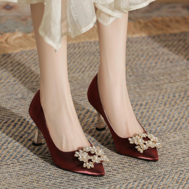 New Pointed High Heels Large Size Plus Wide Women's Shoes Pearl Square Buckle Single Shoes Wedding Shoes