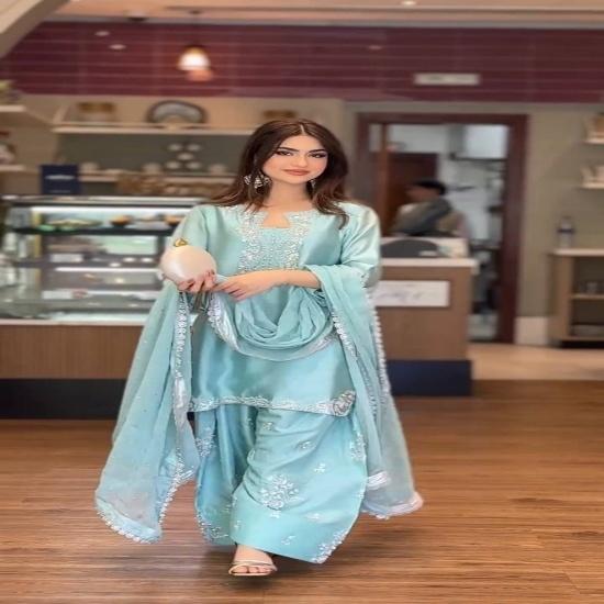 Sky Blue Silk Short Kurta with Tulip Pants and Embroidered Dupatta Set