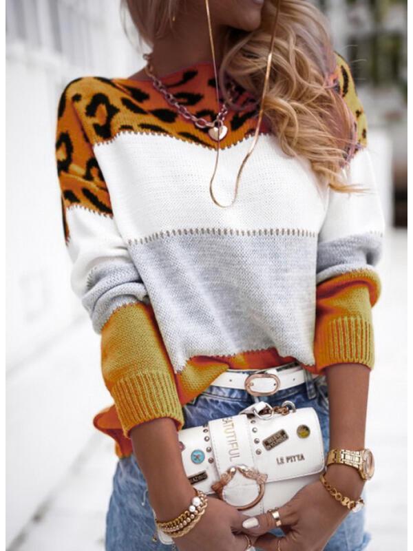 Women's Color Block Leopard Print Pullover: Long-Sleeved Casual Sweater for Autumn & Spring