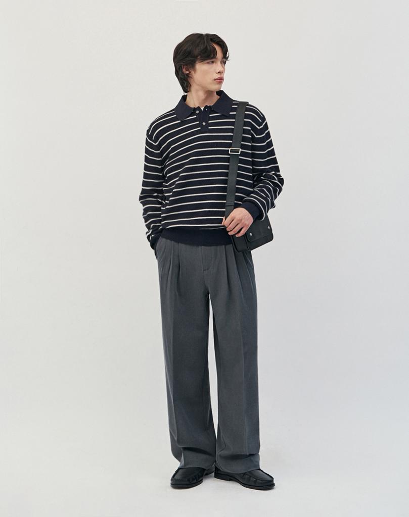 WORK ON BODY OFF Easyon Semi-Overfit Striped Collar Knit [Navy]