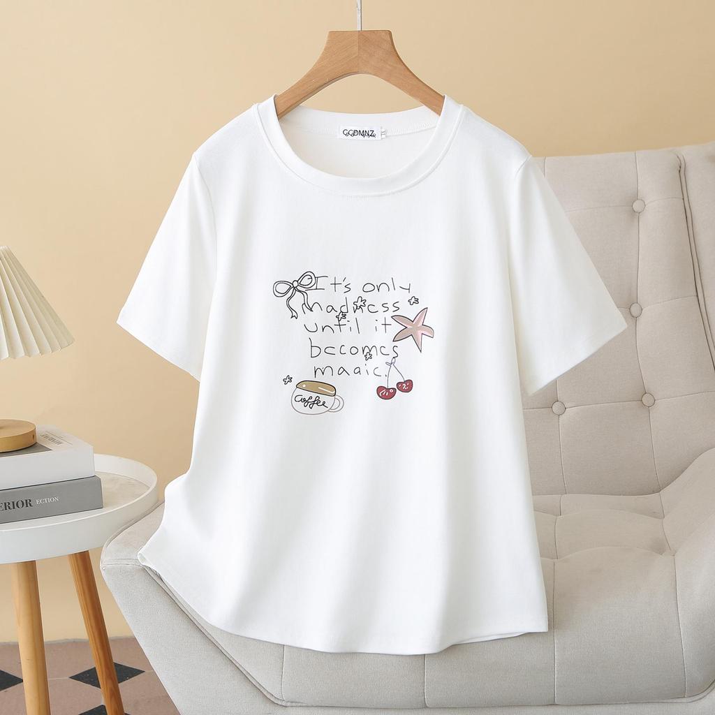 2026 Summer Plus Size Slimming Cotton Printed T-Shirt - Short Sleeve Round Neck Casual Top for Women