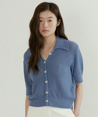 Lingseoul Open Collar Cotton Knit-Blue
