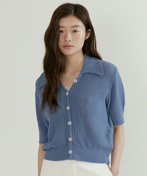 Lingseoul Open Collar Cotton Knit-Blue