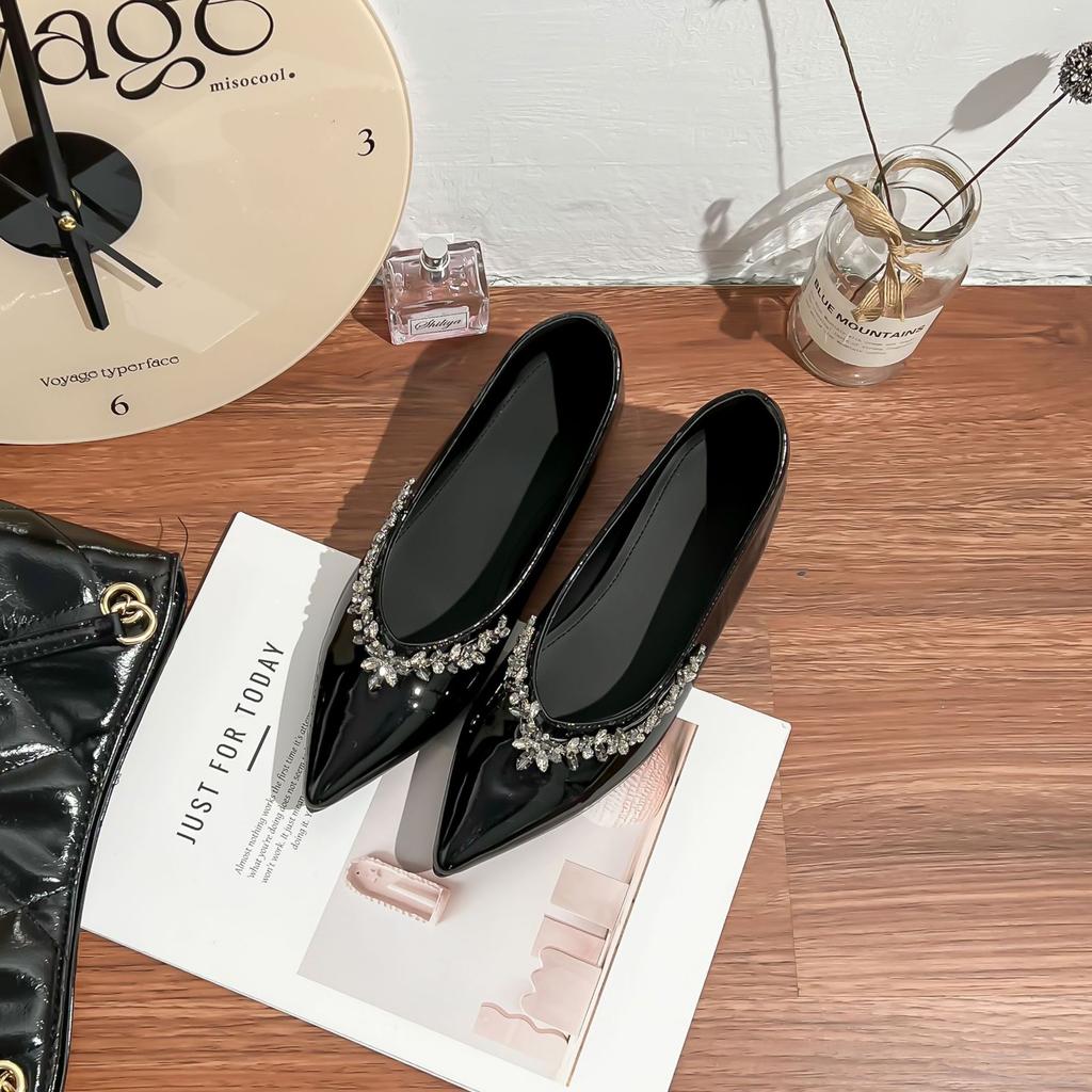 Grape mother summer new flat-bottomed single shoes women's inner height increase sparkling rhinestone French temperament small pointed light luxury wo