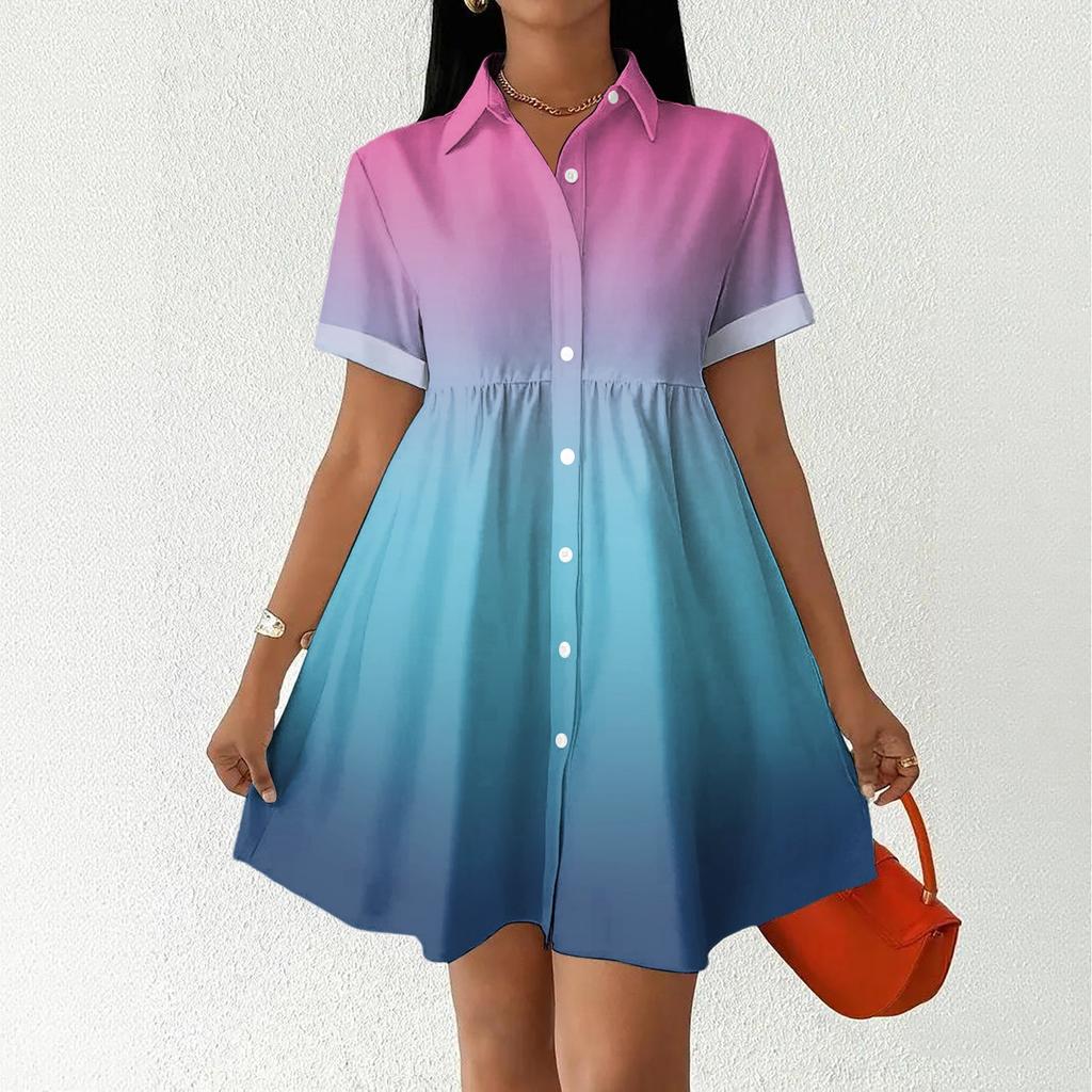 Women’s Casual Loose Shirt Dress Button Front Stand Collar Short Sleeve Gradient Print Relaxed Fit Tunic Dress for Daily Wear