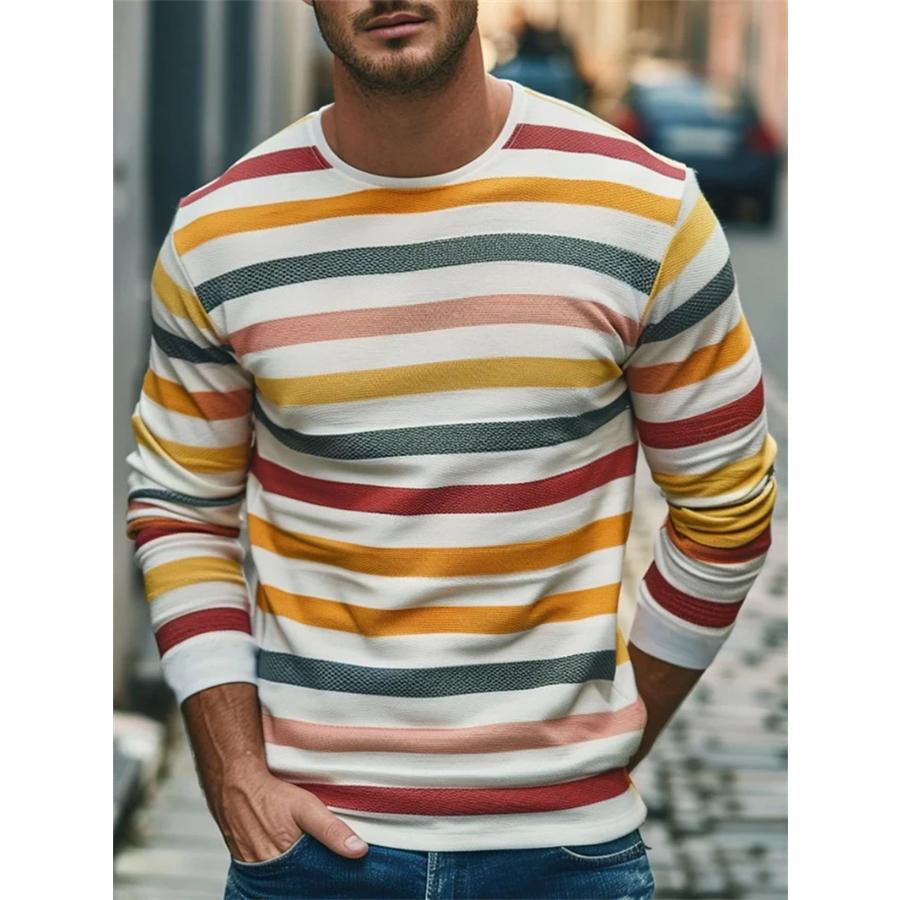 T-shirt a Maniche Lunghe Grafiche a Strisce Retro da Uomo Moda Semplice Primavera Autunno T-shirt Stampate 3D Magliette Casual Oversize