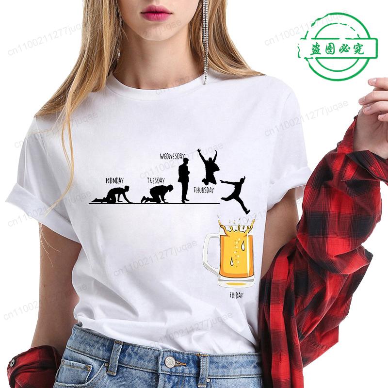 Women T Shirt Monday To Friday Drink Beer Funny Sports Fashion Casual T-shirt Skeleton FRIDAY Beer Graphic Tshirts Women Clothes