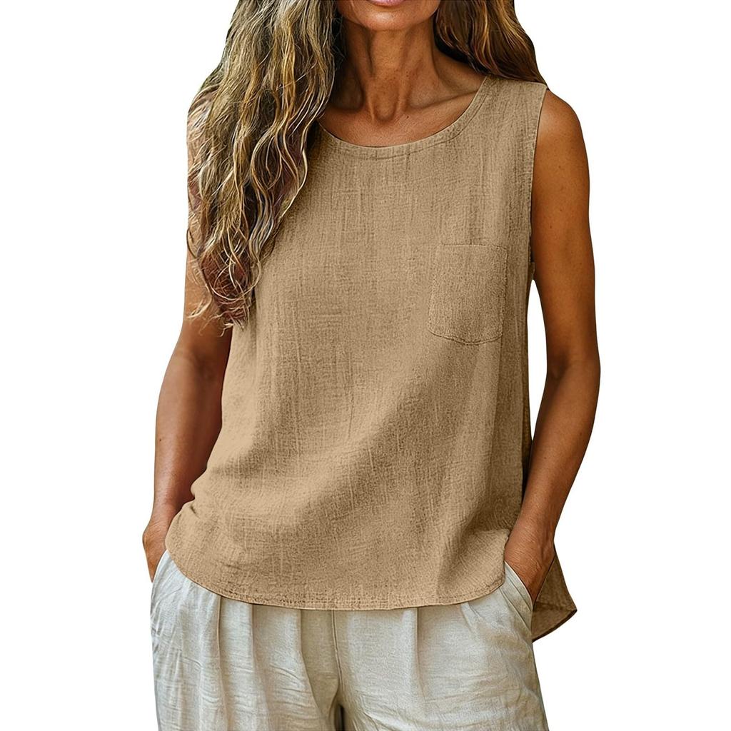 Women's Fashionable Casual Round-Neck Sleeveless Top: Plain-Coloured Cotton-Linen T-Shirt With Pockets