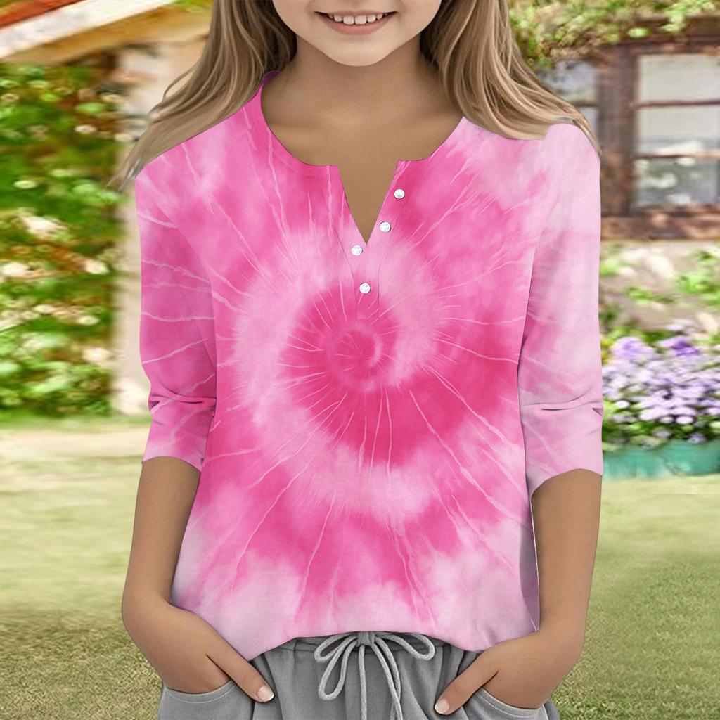 Print Tops For Youth Girls V Neck Button 3/4 Sleeves T-Shirts Trendy Tops Outfit Tees
