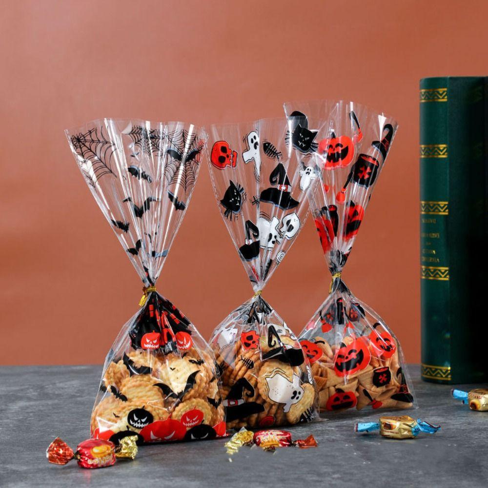 50pcs Trick or Treat Halloween Candy Bags Transparent Cellophane Food Plastic Pack Gift Bag Snack Pouch Pumpkin Bat