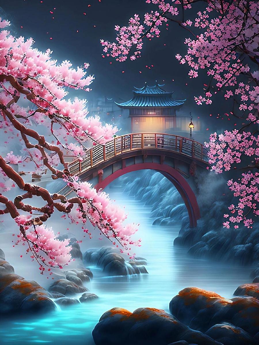 

5D Diy Алмазная вышивка Сакура Река Павильон Полный дрель Алмазная живопись Рукоделие Вышивка крестиком Домашний декор J3591 Full Round 30x40CM