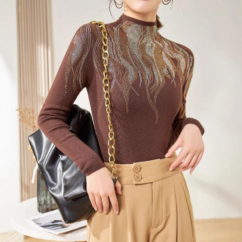 Design Sense Heavy Industry Diamond-encrusted Silk Sweater Autumn Semi-turtleneck Skinny Bottom Knitted Shirt Women's Top