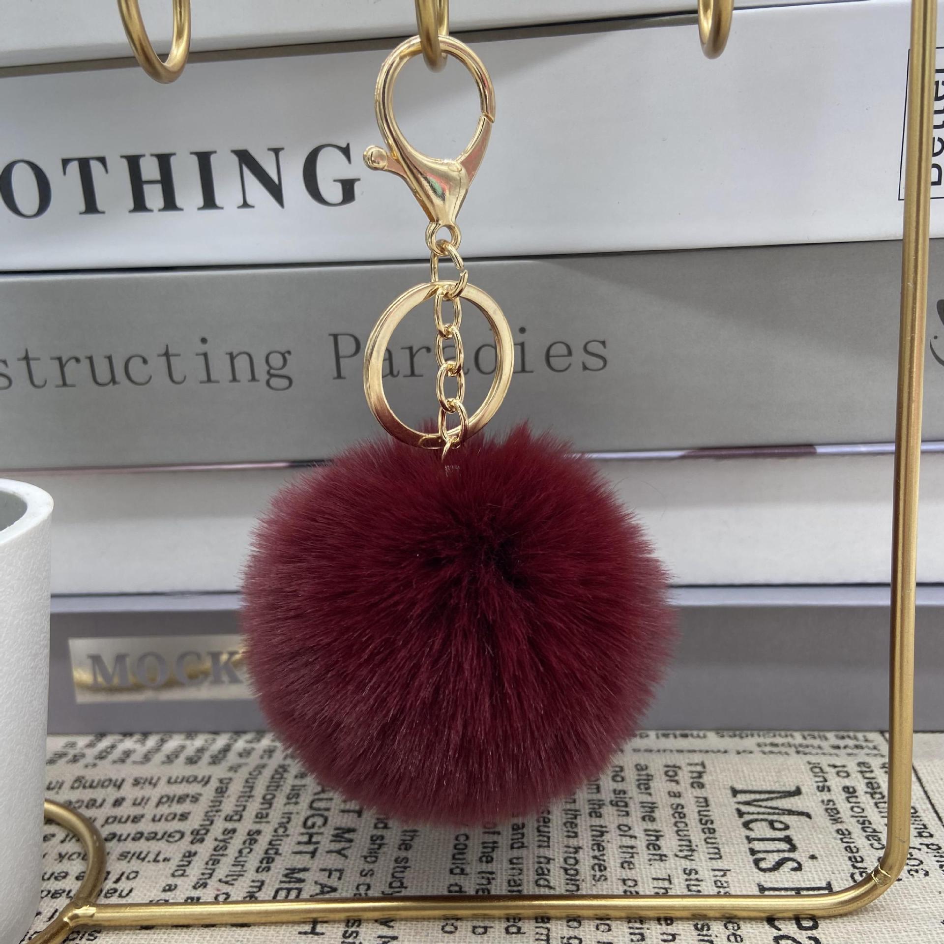 

Пухнастий кролячий хутряний брелок з м ячиком з помпонами та совою, брелок для ключів, автомобільний брелок, тримач, брелок, аксесуар для жіночої сумки темно-червоний колір