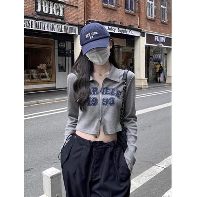 American Retro Hot Girl Double Zipper Cropped Top - Slim Fit Printed T-Shirt for Early Autumn