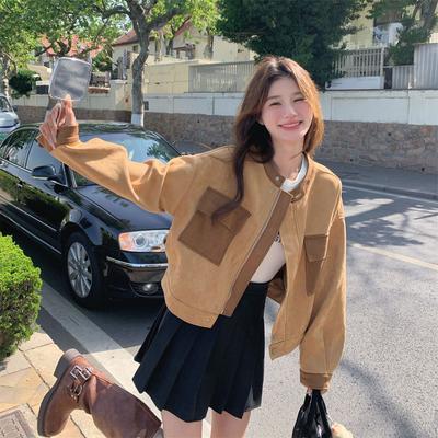 Women's High-End Color-Block Suede Short Coat American Retro Stylish Jacket with Unique Design Sense for Spring and Autumn