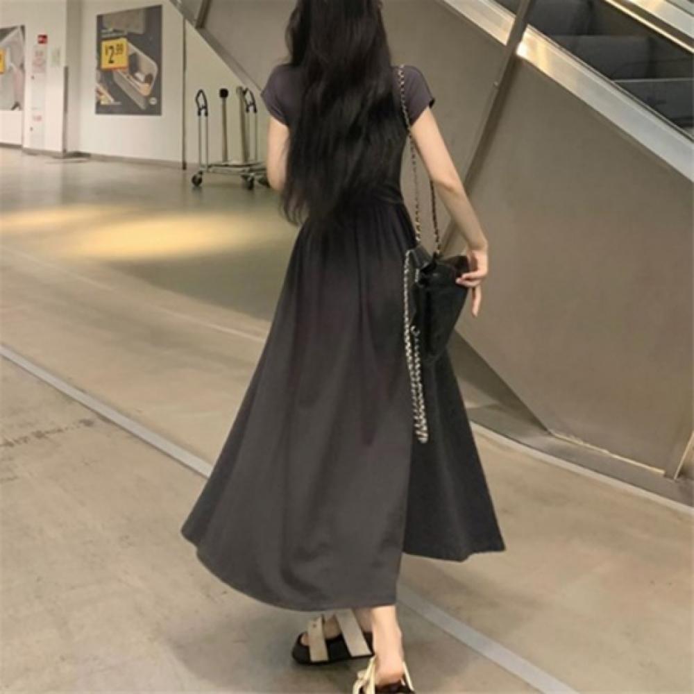New ArriValS Open Run Women S V Neck Flare Long dreSS Short SleeVeS Shirring Sli