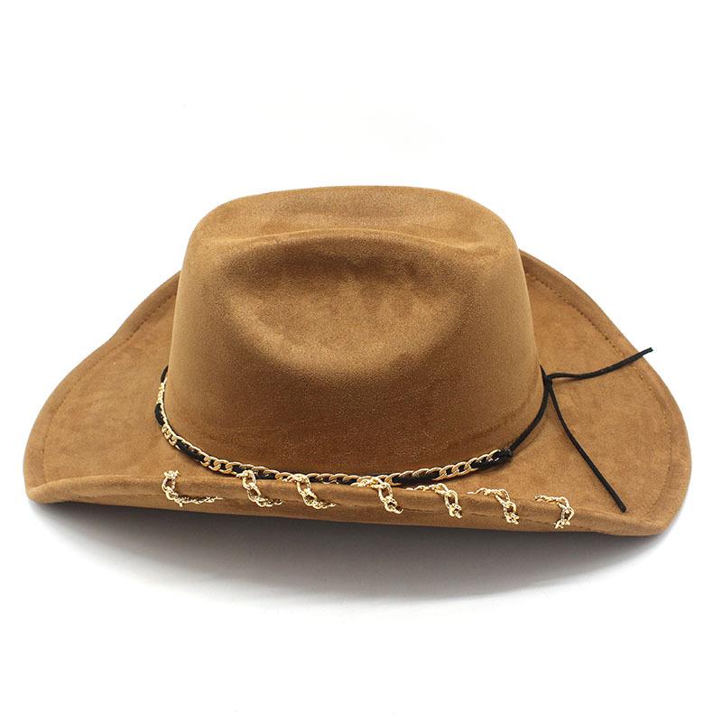 Cool Metal Chain Western Cowboy Hat Big Brim Visor Hat Fashionable Suede Jazz Hat