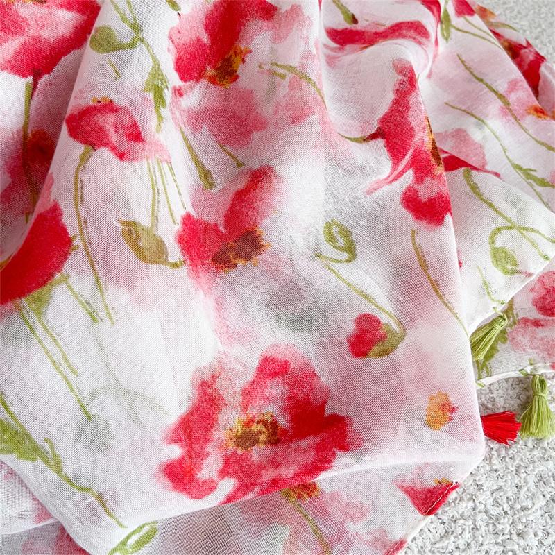 Classic Flower Print Scarf Elegant Tassel Shawl Casual Windproof Head Wrap Hijab Sunscreen Travel Beach Towel For Women