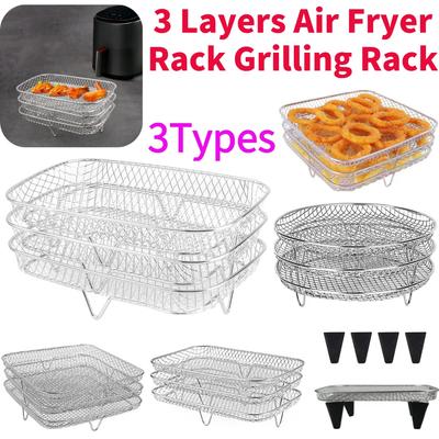 3 Layers Air Fryer Rack Stackable Grilling Rack Stainless Steel Mesh Grill Basket Steamer Cooker Kitchen Gadgets Cooking Tools