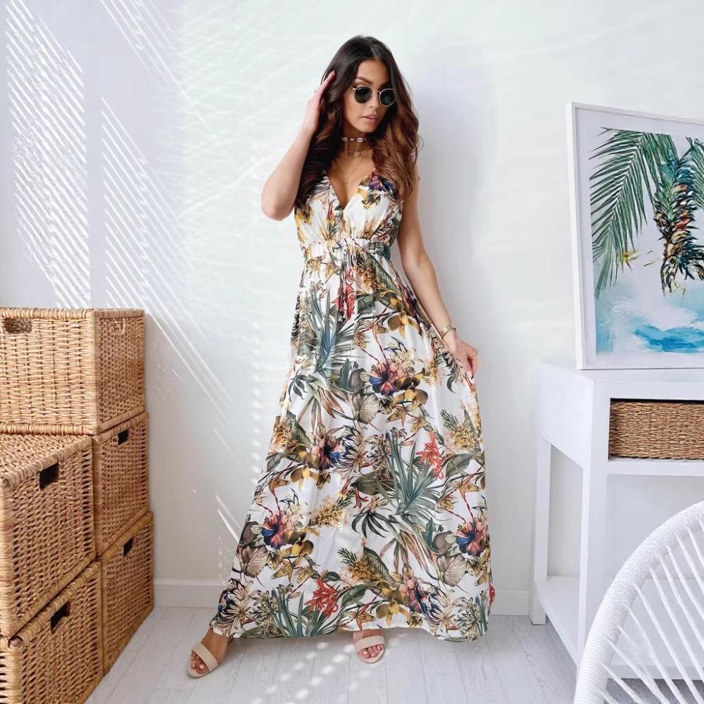 Women's V Neck Sleeveless Tropical Print Maxi Dress High Waist A Line Casual Beach Dress