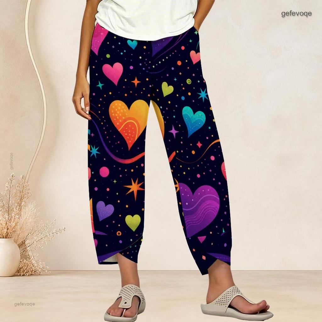 Women Plus Size Cross Hem Long Pants Colorful Sketch Heart Star Graffiti Print Loose Casual Trousers