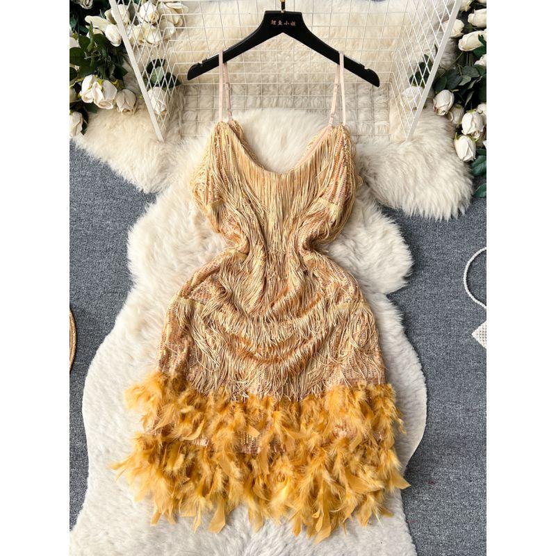 Feather Dress Ins Open Back Sling Tassel Sequins