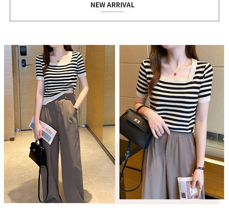 Women's Ice Silk Striped Square-Neck T-Shirt - Summer 2026 Collection