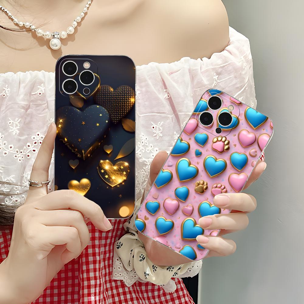 Y2K Glowing Hearts Mobile Phone Case for iPhone 17 16 15 14 13 12 11 X XR XS Air Pro Max Plus Mini Clear Colorful Cover Luxury