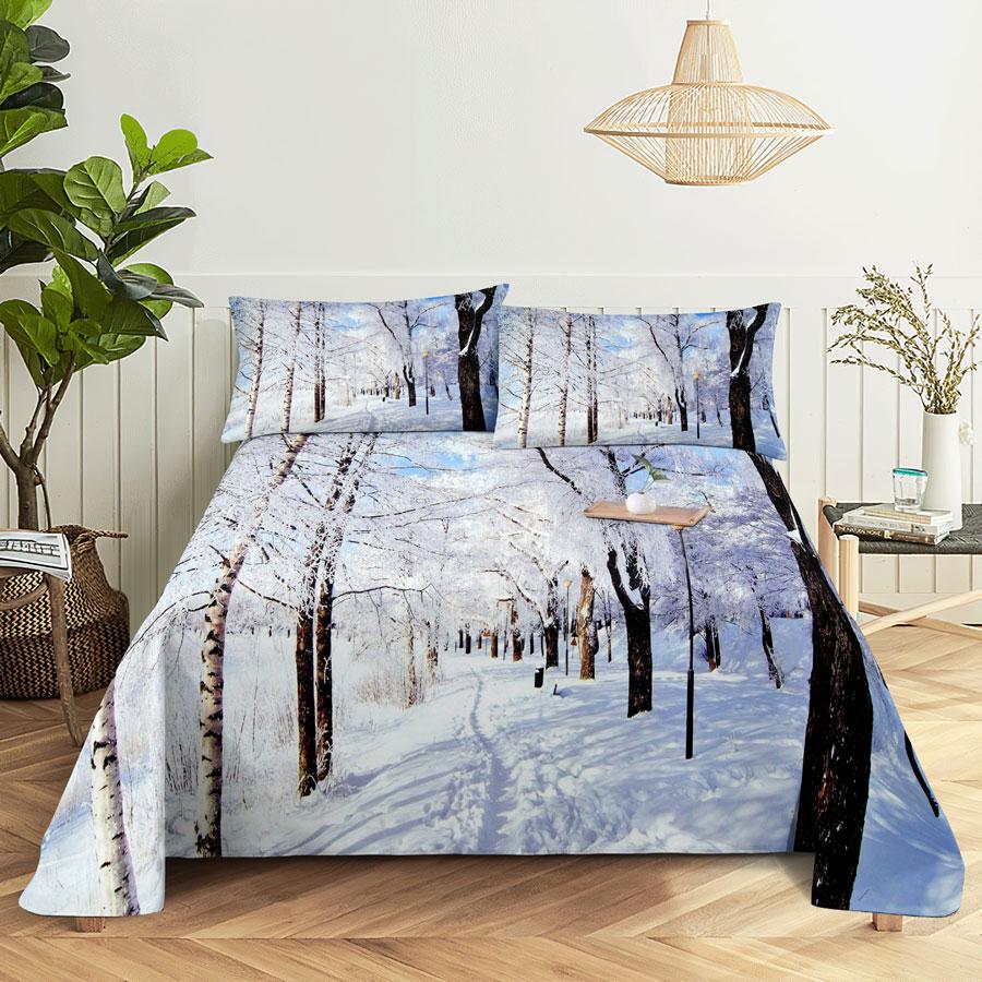 Drap de Lit Taie d'Oreiller Ensemble de Literie Linge de Maison Housse Senic Queen King Taille Double 220x240 Arbres pour Chambre Doux Twin Full Simple Nouveau