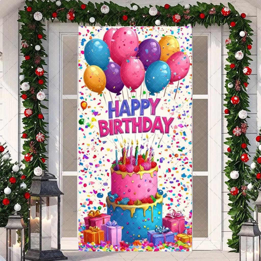 Black Gold Happy Birthday Door Banner Pink Blue Purple Shining Balloons Kid Adult Party Decoration Backdrop Photo Shoot Supplies