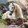 Warm Winter Wooden Christmas Sign with White Horse Pattern, Christmas Round Sign for Front Door Wall Hanging Decor, Ideal Christmas Gift