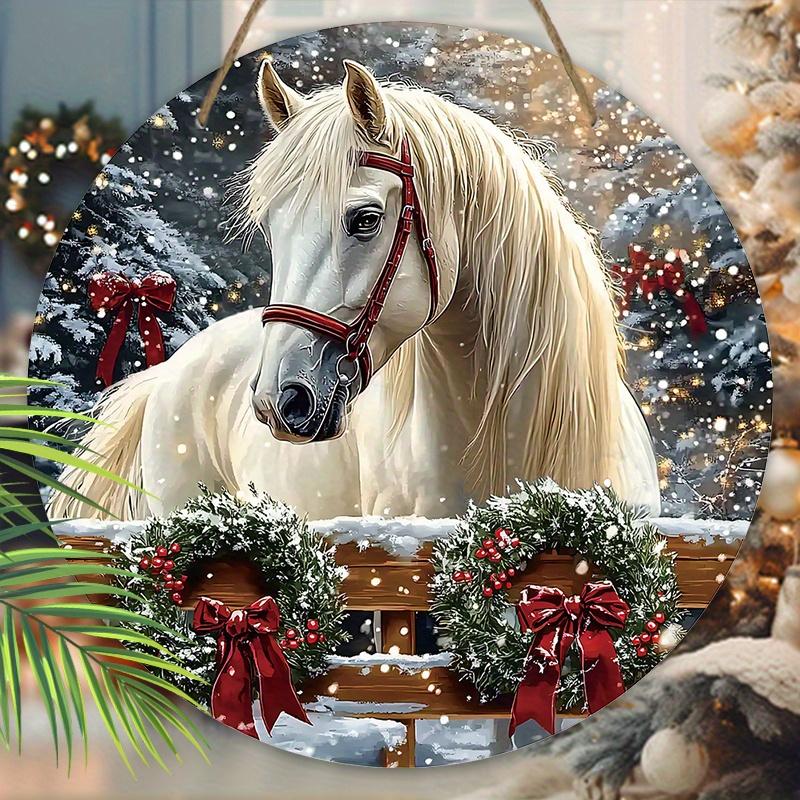 Warm Winter Wooden Christmas Sign with White Horse Pattern, Christmas Round Sign for Front Door Wall Hanging Decor, Ideal Christmas Gift