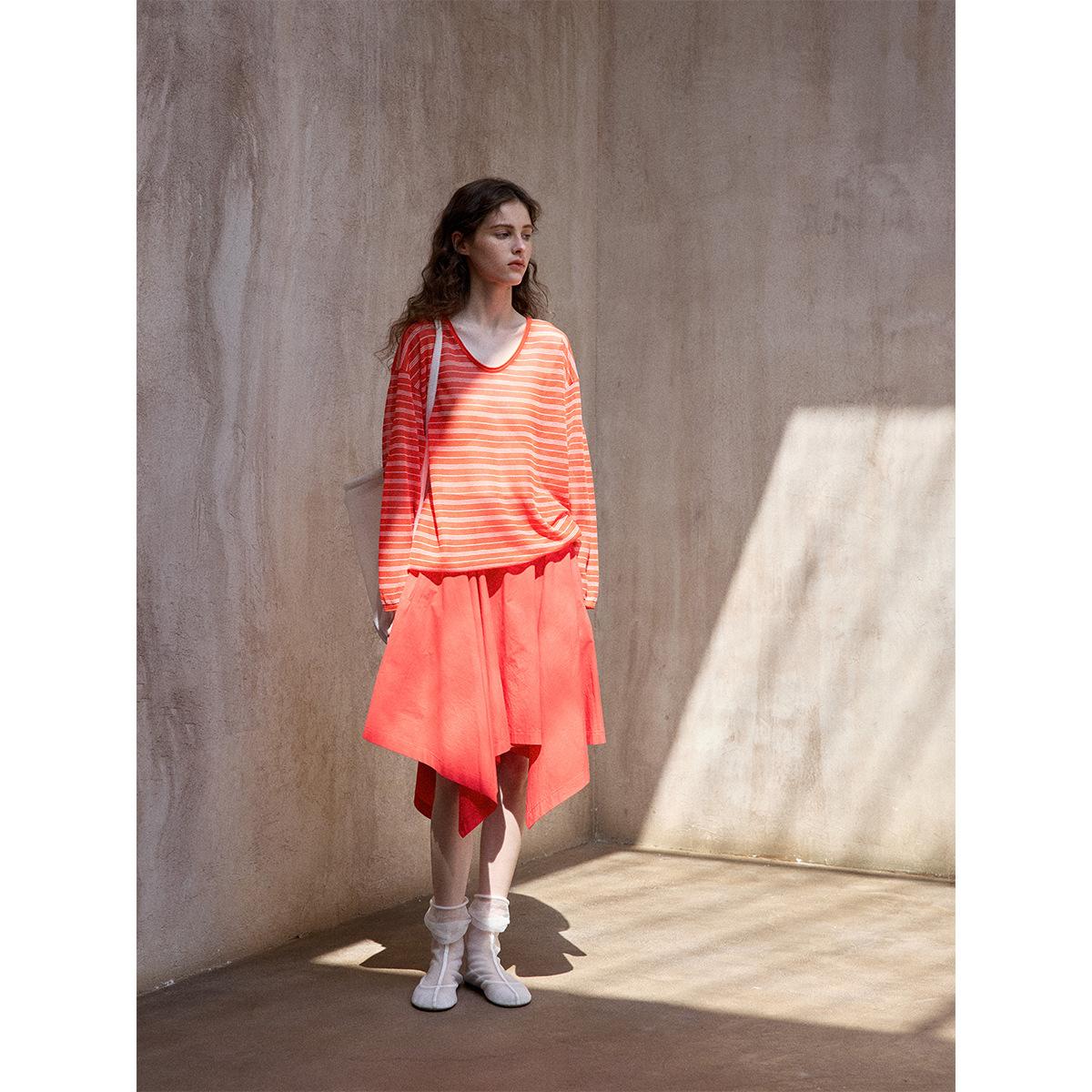 [How many do you know] Silk and linen thin striped knitted jumper loose lace-up backless cool long-sleeved top M8858 One size fits all