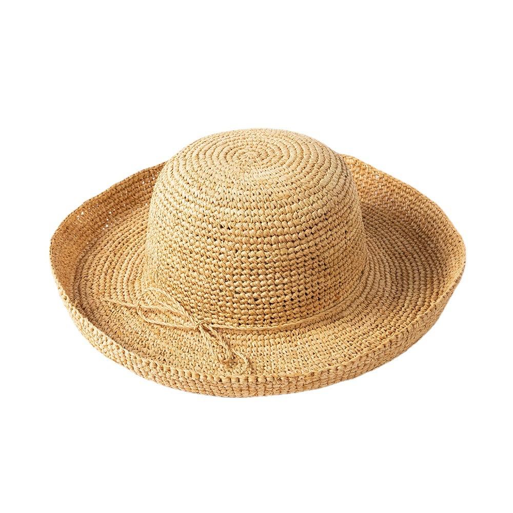 Spring and Summer New Fashion Casual Tether Handmade Crochet Dome Curled Edge Lafite Straw Hat Outdoor Sun Protection Visor Women