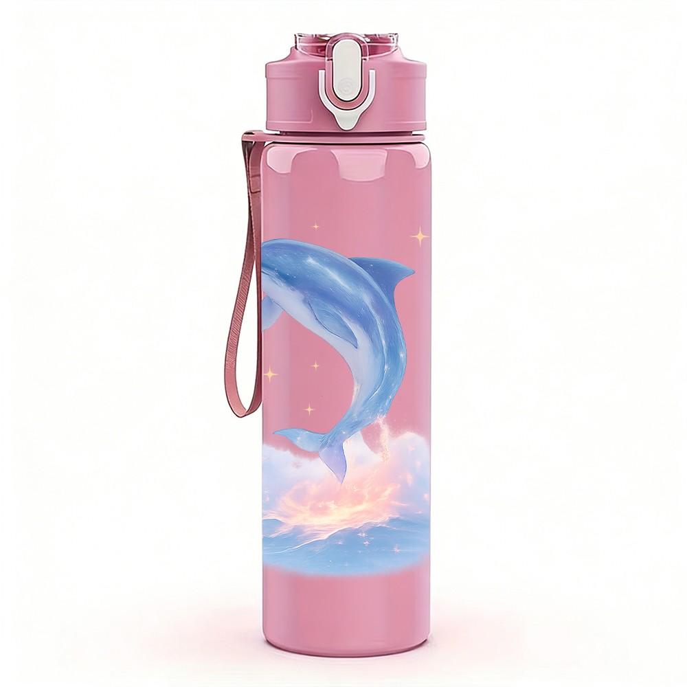 1pz Delfino Saltellante Cartone Animato 750ml Colore Plastica Borraccia Sportiva Tappo a Flip Anti-perdita con Cannuccia Adatta per Sport Ufficio Uso Domestico
