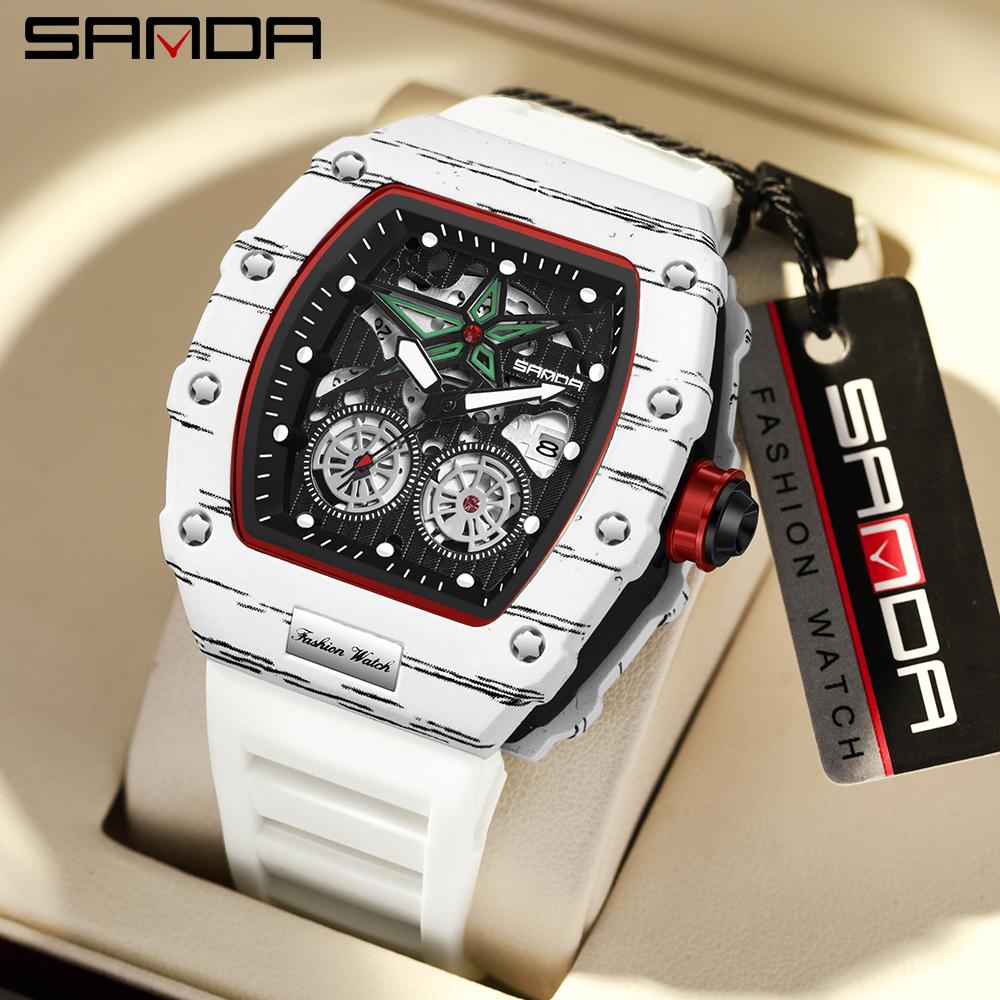 Fashion Sanda 7060 Top Brand New Calendar Barrel Quartz Nightlight Minimalist Hollow Out Men's Outdoor Sports Wrist Watches