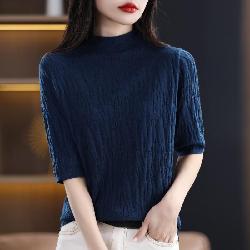 Women's Tight Fitting Knitted Turtleneck Sweater with Short Sleeves for Spring Autumn Versatile Undergarment