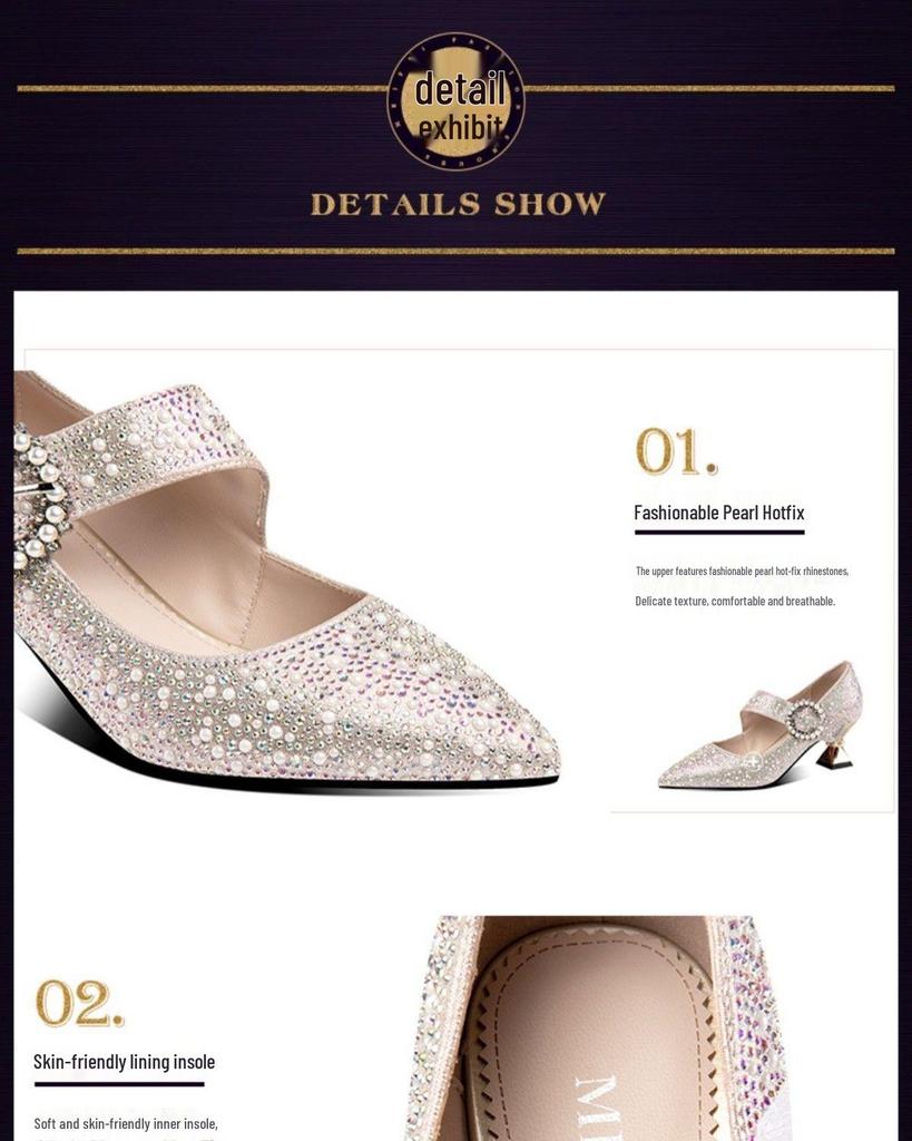 2025 Women's Chunky Heel Pointed Toe High Heels with Pearl Rhinestone Buckle