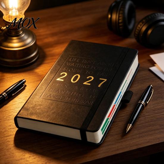 Professionelles Business-Tagebuch 2027 Englischer Wochenplaner A5, 320 Seiten Terminplaner mit elastischem Band für tägliche Termine & Stifthalter,