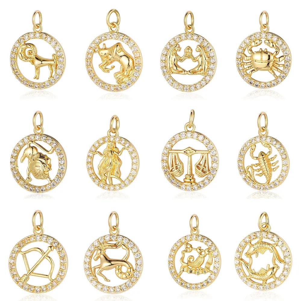 Zodiac Sign Copper Zricon Charm Round Constellation Capricorn Taurus Aries Pendant for Bracelet Necklace Making