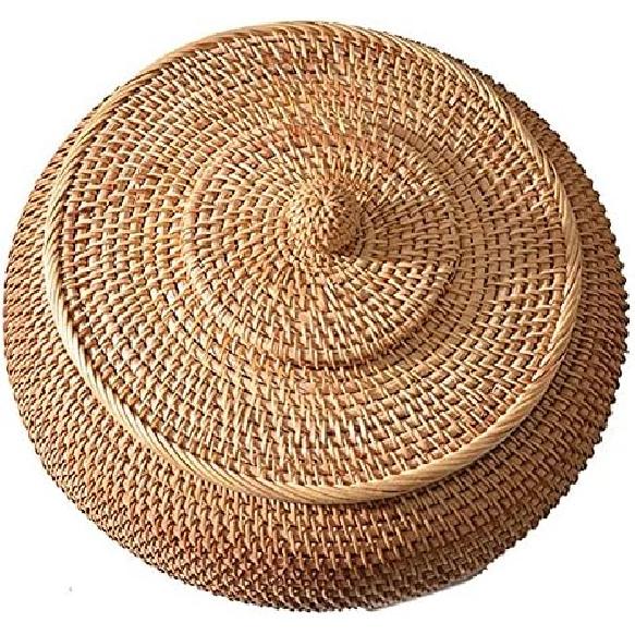 Round Rattan Boxes with Lid Hand-Woven Multi-Purpose Wicker Tray 11 Inch Picnic Food Bread Table Storage Basket (28x13cm)