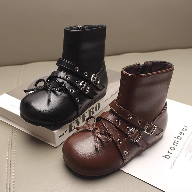 Children's Fashion Soft Bottom Ankle Boots Girls Bow Leather Boots