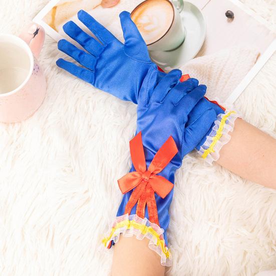 Princess Cosplay Gloves Royal Blue Satin Gloves with Ruffles And Red Bow Girls Cosplay Gloves for Costume Parties Stage Performances