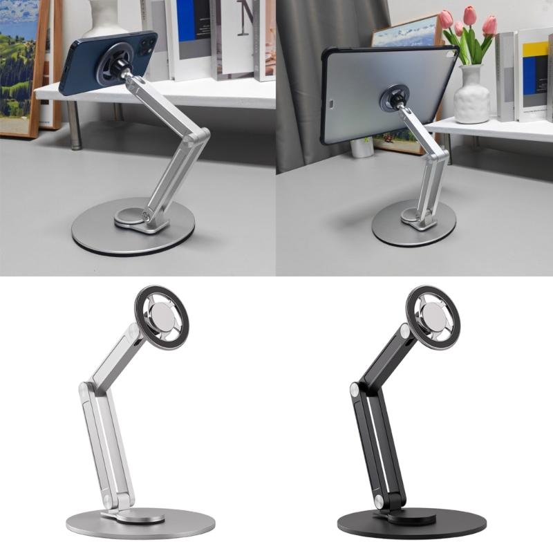Aluminum Magnetic Phone Mount Stand With Height Adjustment 360 Degree Rotation Foldable Base For Tablets And Smartphones