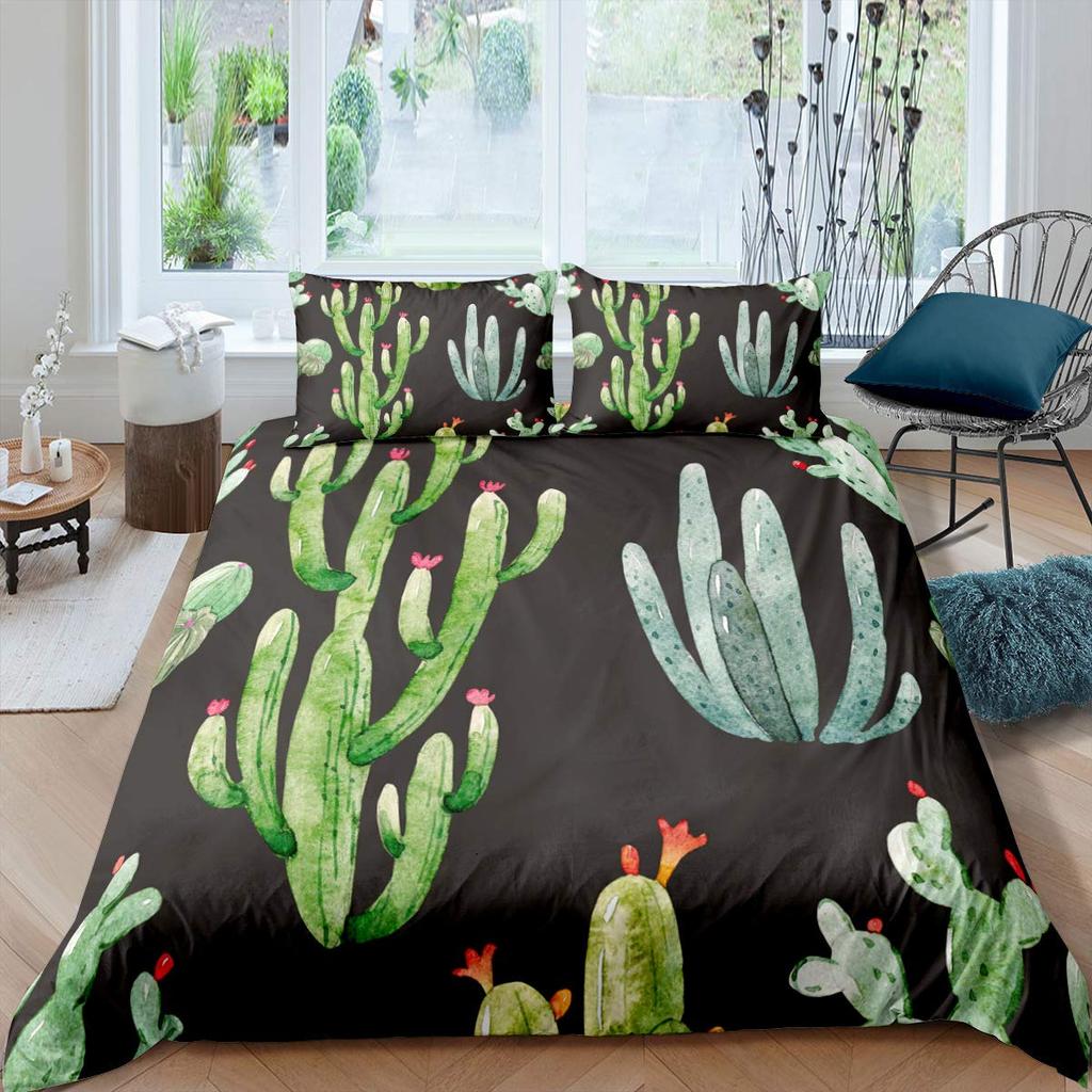 Bright Cactus Duvet Cover Set Full Queen For Girls Boys Green Plants Succulents Bedding Set Nature Art Soft Chic Comforter Cover