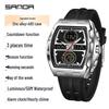 SANDA Men's Steel Band Dual Display Watch with Multi-Time Zone, Night Glow, and Waterproof Features