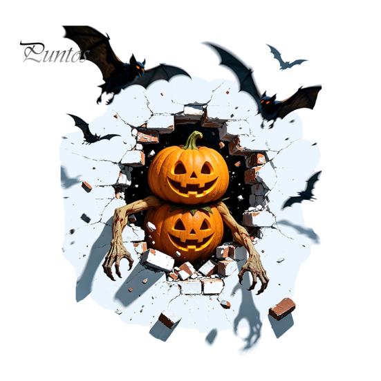 No Residue Wall Art for Living Room Halloween Sticker, Realistic Pumpkin/Zombie/Werewolf/Clown Print, Waterproof PVC Self-Adhesive Decals, Crack A