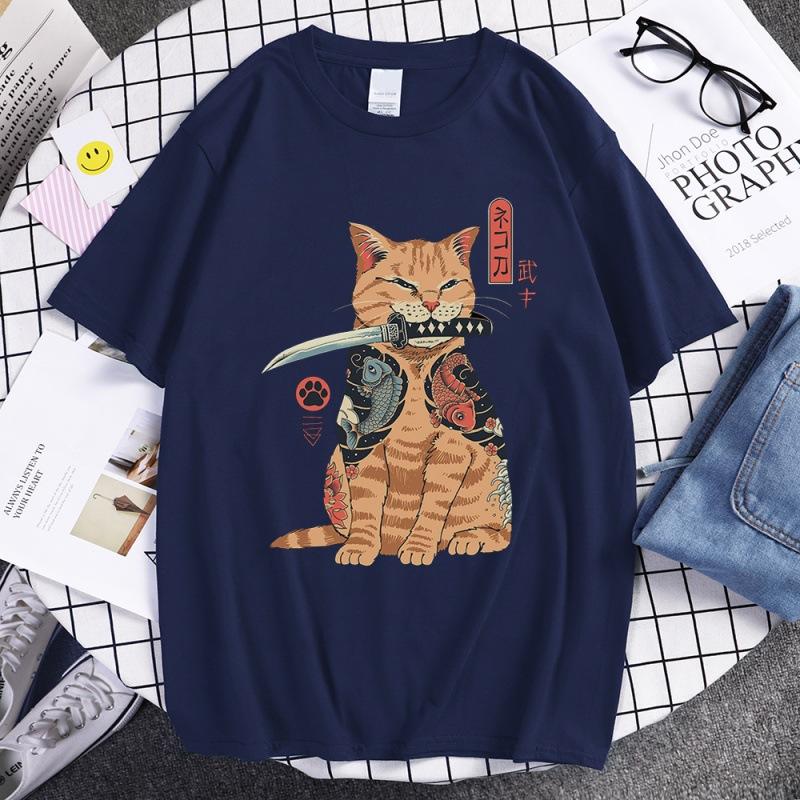 Summer Unisex 100 Cotton Shortsleeved Breathable Samurai Cat Personalized Print Tshirt For Casual And Loose Fit Hiphop Style