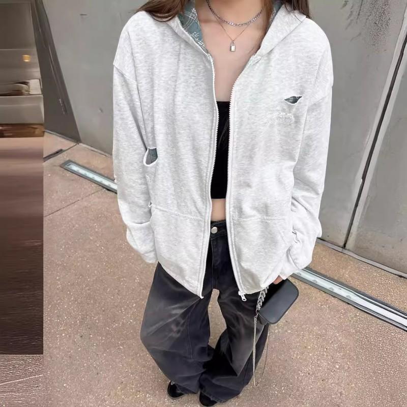 Unisex Reversible Distressed Hooded Sweatshirt Loose Fit Streetwear Casual Jacket